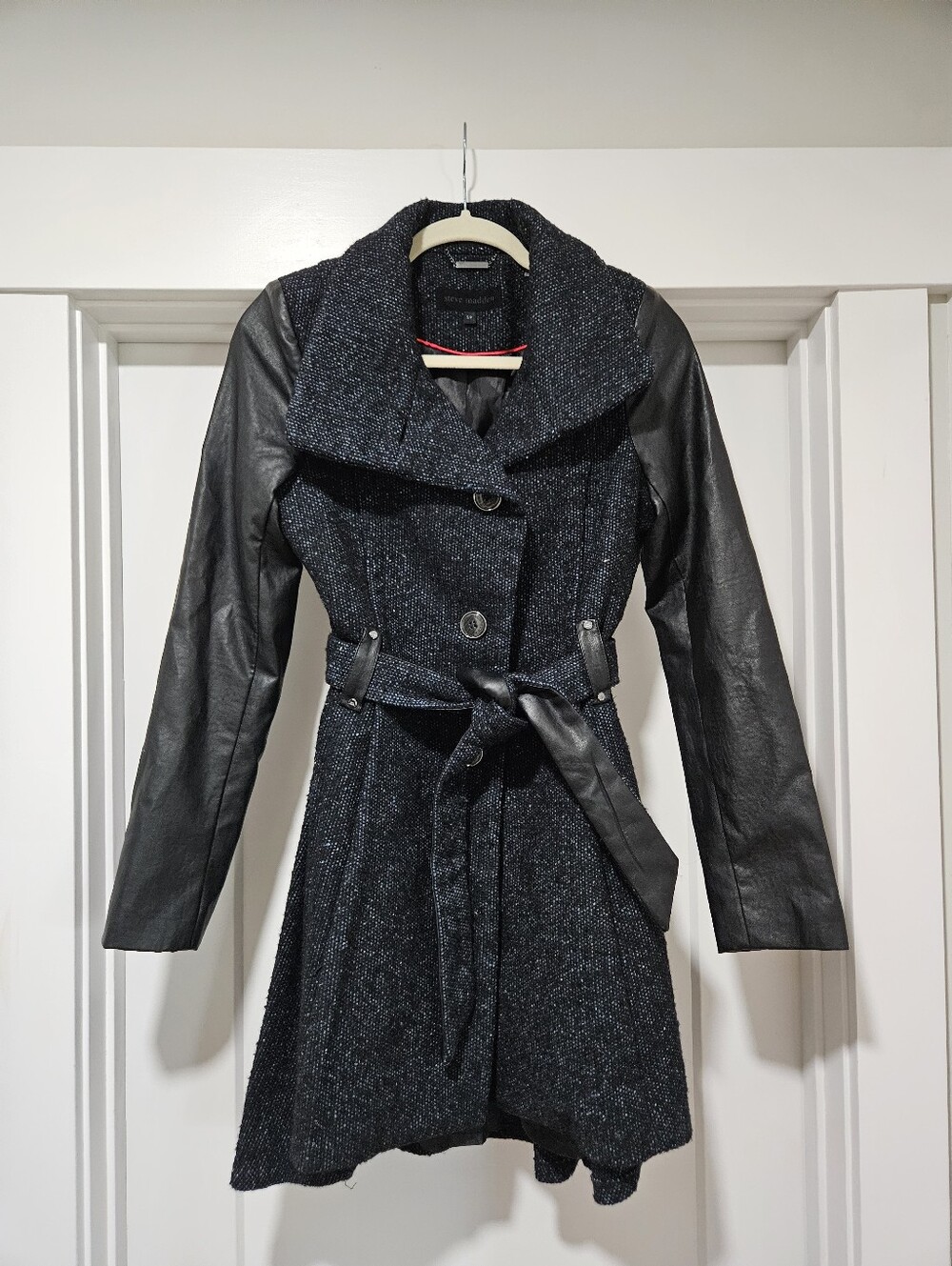 Steve Madden Blue Peplum Tweed Faux Leather Coat Small